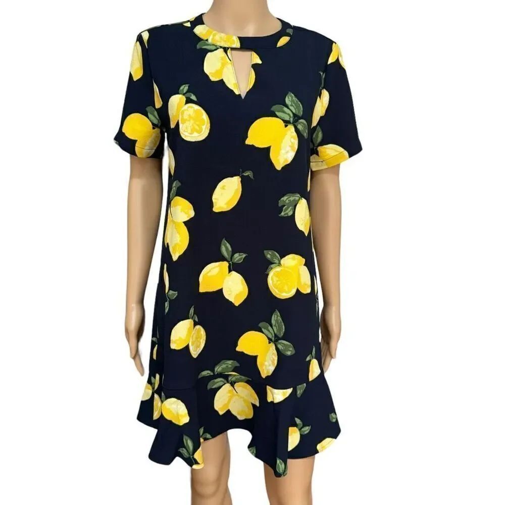 MudPie Lana Flounce Dress Womens Navy Blue Yellow Lemons Short Stretch size S